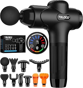 TOLOCO Massage Gun Deep Tissue, Percussion Massage Gun with 10 Replacement Heads, Super Qu